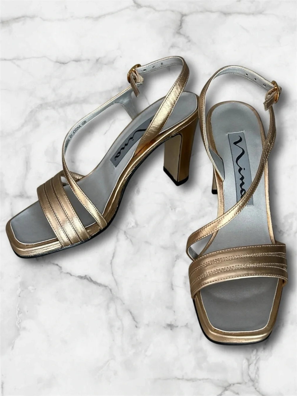 Nina Gold Metallic Strappy Slingback Sandals Block Heel Vintage Y2K Size 6.5